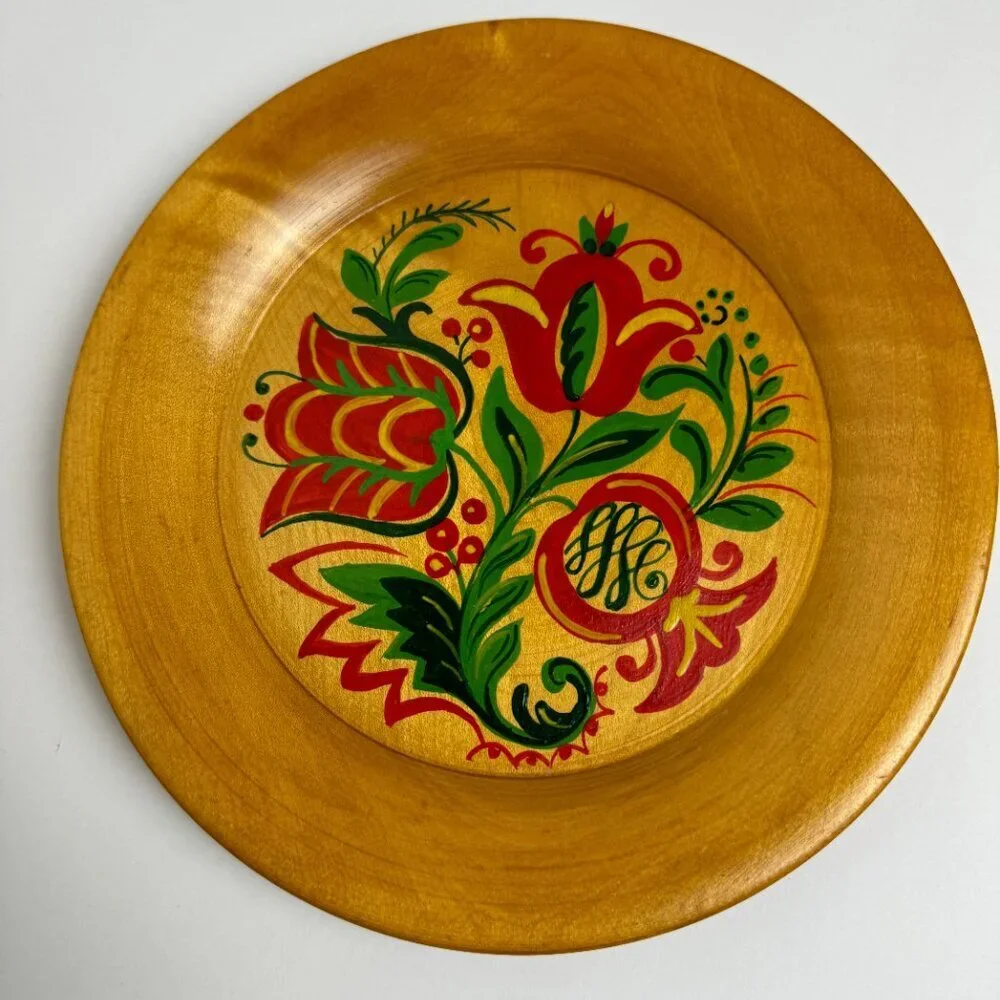 Wooden Decor Plate Flowers Hand Painted 8.75